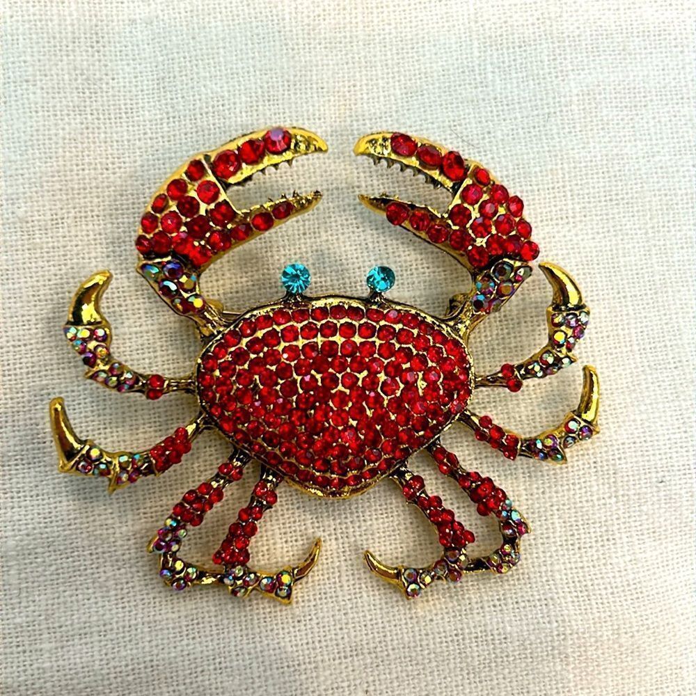 Sparkling Blue and Gold Crab Brooch